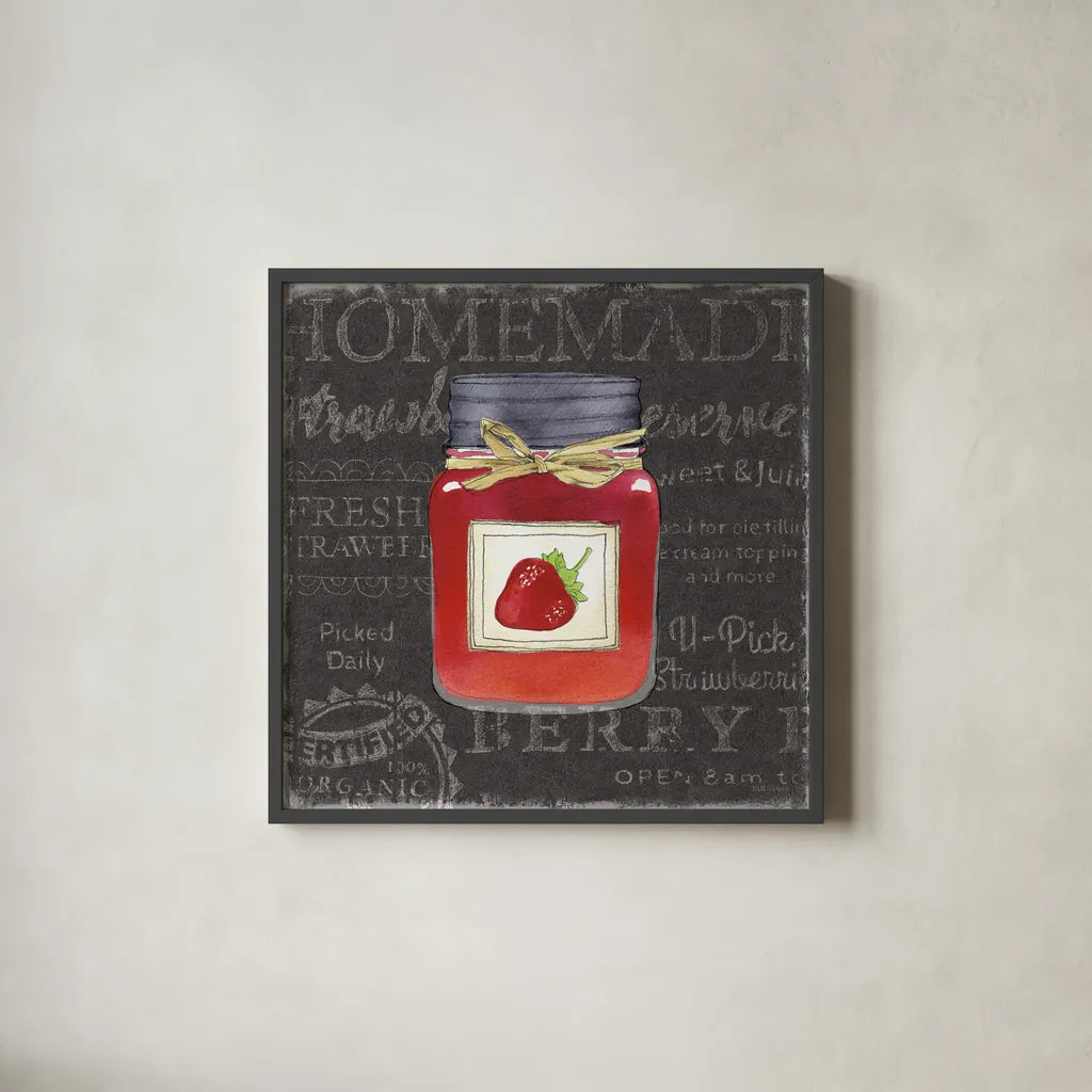 Canning Kitchen I black by Beth Grove. Shown in a sleek black glass frame for a contemporary gallery look. Available as an archival giclee rolled canvas, fine art paper, or poster print. SKU 32190a.