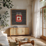 Canning Kitchen I black by Beth Grove. Shown in a natural wood frame in a cozy modern living room. Available as an archival giclee rolled canvas, fine art paper, or poster print. SKU 32190a.
