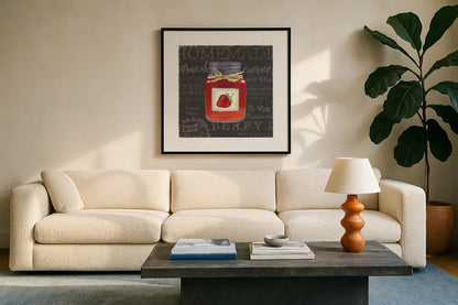 Canning Kitchen I black by Beth Grove. Displayed in a glass frame with matte in a clean modern living room. Available as an archival giclee rolled canvas, fine art paper, or poster print. SKU 32190a.