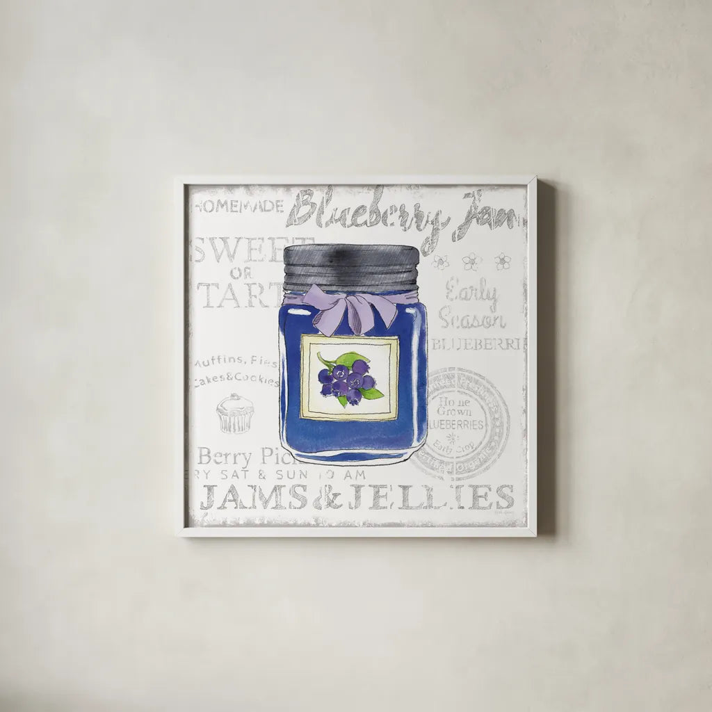 Canning Kitchen II by Beth Grove. Shown in a crisp white glass frame for a clean and minimalist style. Available as an archival giclee rolled canvas, fine art paper, or poster print. SKU 32187a.