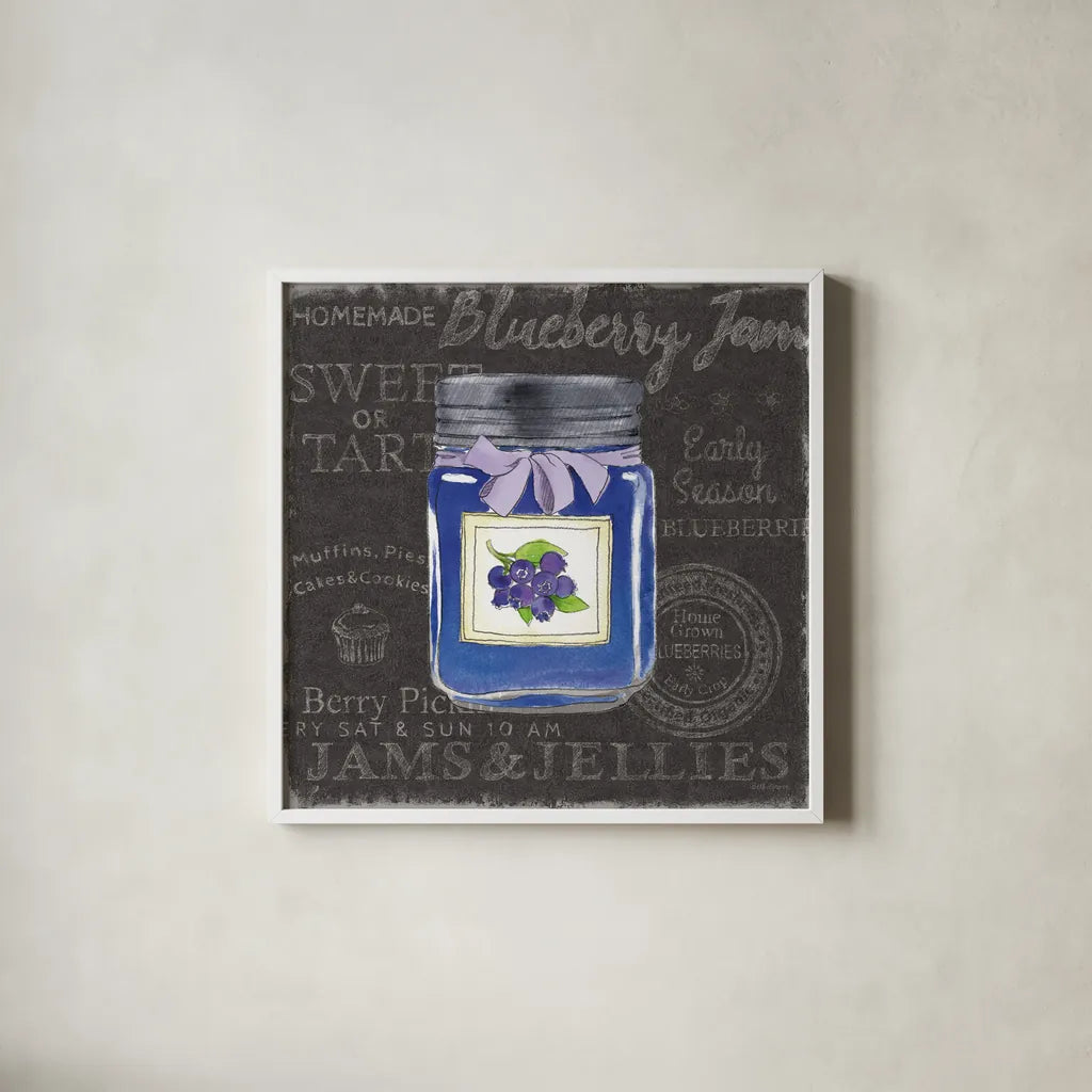 Canning Kitchen II black by Beth Grove. Shown in a crisp white glass frame for a clean and minimalist style. Available as an archival giclee rolled canvas, fine art paper, or poster print. SKU 32191a.