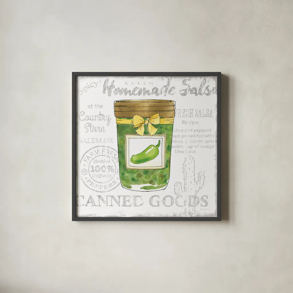 Canning Kitchen III by Beth Grove. Shown in a sleek black glass frame for a contemporary gallery look. Available as an archival giclee rolled canvas, fine art paper, or poster print. SKU 32188a.