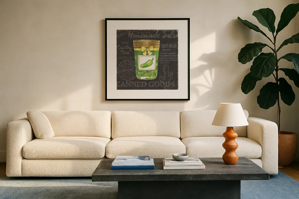 Canning Kitchen III black by Beth Grove. Displayed in a glass frame with matte in a clean modern living room. Available as an archival giclee rolled canvas, fine art paper, or poster print. SKU 32192a.