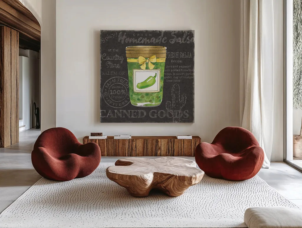 Canning Kitchen III black by Beth Grove. Shown as extra-large giant wall art in a modern living room. Available as an archival giclee rolled canvas, fine art paper, or poster print. SKU 32192a.