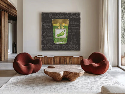 Canning Kitchen III black by Beth Grove. Shown as extra-large giant wall art in a modern living room. Available as an archival giclee rolled canvas, fine art paper, or poster print. SKU 32192a.