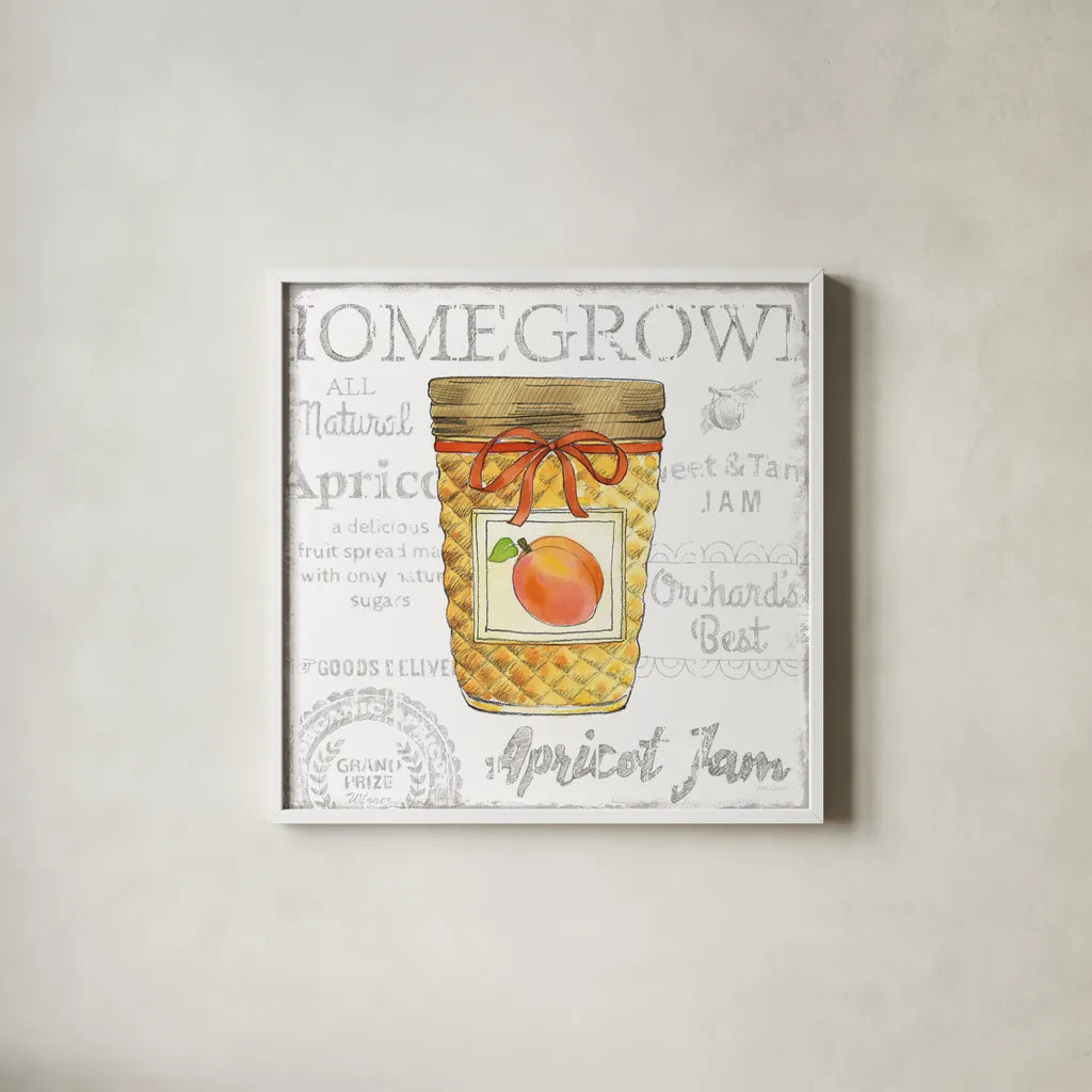 Canning Kitchen IV by Beth Grove. Shown in a crisp white glass frame for a clean and minimalist style. Available as an archival giclee rolled canvas, fine art paper, or poster print. SKU 32189a.