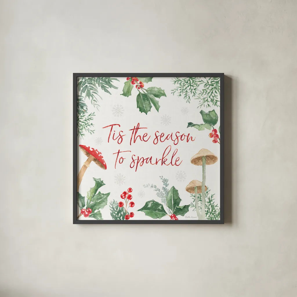 Christmas Charm IX by Beth Grove. Shown in a sleek black glass frame for a contemporary gallery look. Available as an archival giclee rolled canvas, fine art paper, or poster print. SKU 83459a.