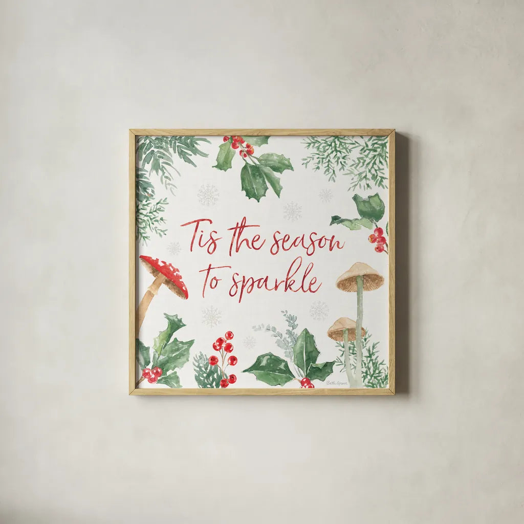 Christmas Charm IX by Beth Grove. Shown in a natural wood glass frame for a timeless modern aesthetic. Available as an archival giclee rolled canvas, fine art paper, or poster print. SKU 83459a.