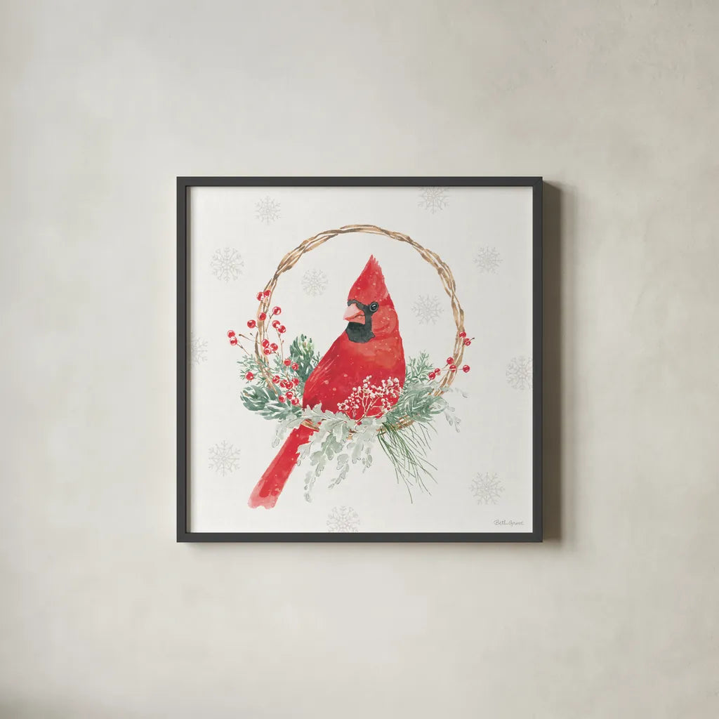 Christmas Charm VI by Beth Grove. Shown in a sleek black glass frame for a contemporary gallery look. Available as an archival giclee rolled canvas, fine art paper, or poster print. SKU 83456a.