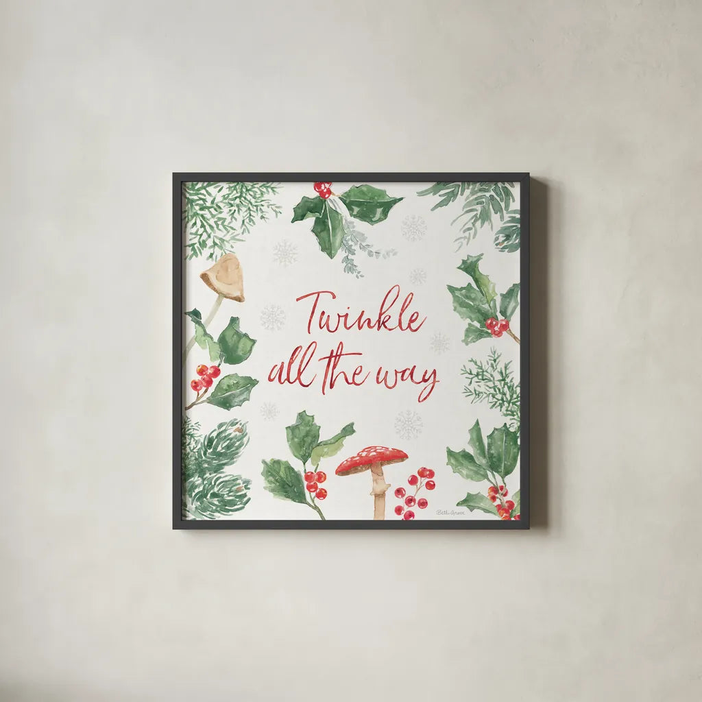 Christmas Charm VIII by Beth Grove. Shown in a sleek black glass frame for a contemporary gallery look. Available as an archival giclee rolled canvas, fine art paper, or poster print. SKU 83458a.