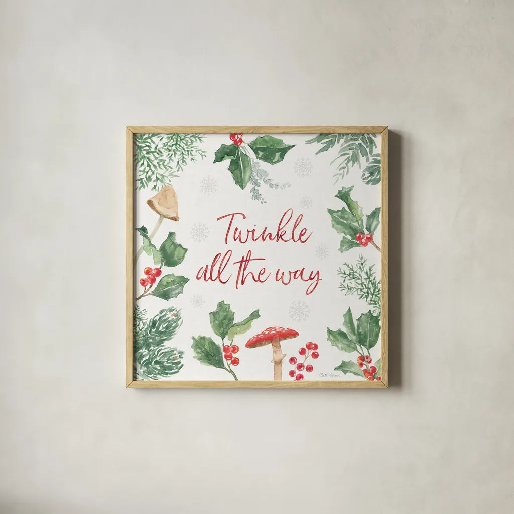 Christmas Charm VIII by Beth Grove. Shown in a natural wood glass frame for a timeless modern aesthetic. Available as an archival giclee rolled canvas, fine art paper, or poster print. SKU 83458a.