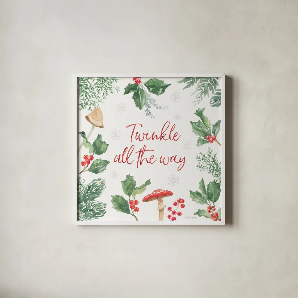 Christmas Charm VIII by Beth Grove. Shown in a crisp white glass frame for a clean and minimalist style. Available as an archival giclee rolled canvas, fine art paper, or poster print. SKU 83458a.