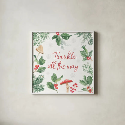 Christmas Charm VIII by Beth Grove. Shown in a crisp white glass frame for a clean and minimalist style. Available as an archival giclee rolled canvas, fine art paper, or poster print. SKU 83458a.