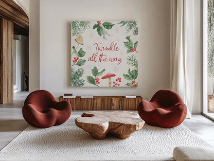 Christmas Charm VIII by Beth Grove. Shown as extra-large giant wall art in a modern living room. Available as an archival giclee rolled canvas, fine art paper, or poster print. SKU 83458a.