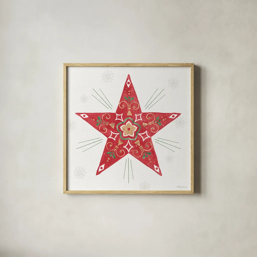 Christmas Charm XI by Beth Grove. Shown in a natural wood glass frame for a timeless modern aesthetic. Available as an archival giclee rolled canvas, fine art paper, or poster print. SKU 83461a.