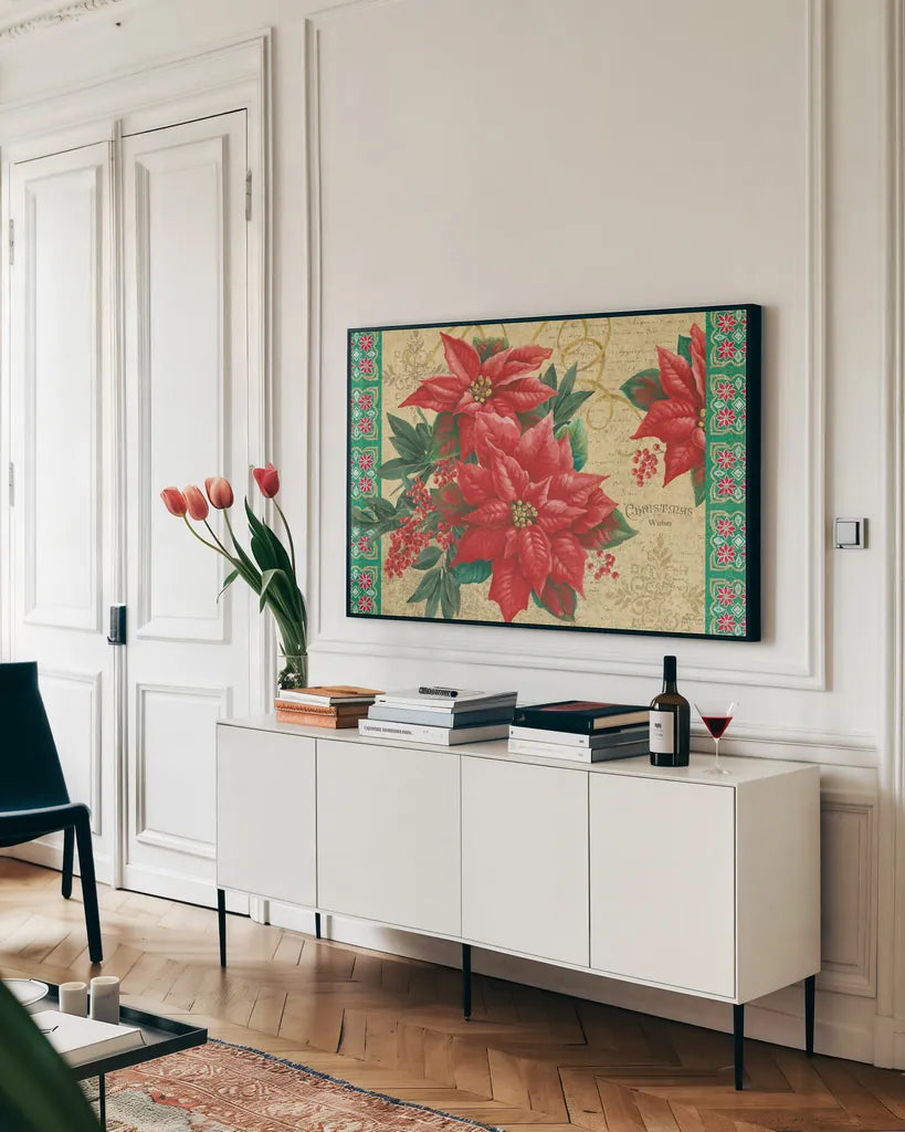 Christmas Floral by Beth Grove. shown as a framed stretched canvas in a living room above a console. Available as a archival giclee rolled canvas, fine art paper, or poster print. SKU 62409i.