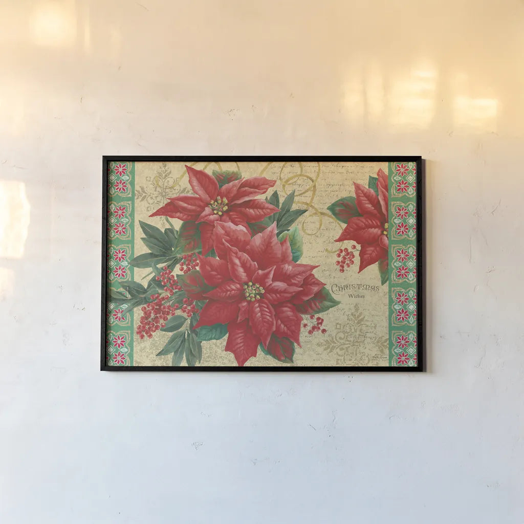 Christmas Floral by Beth Grove. shown as a paper print in a black flame. Available as a archival giclee rolled canvas, fine art paper, or poster print. SKU 62409i.
