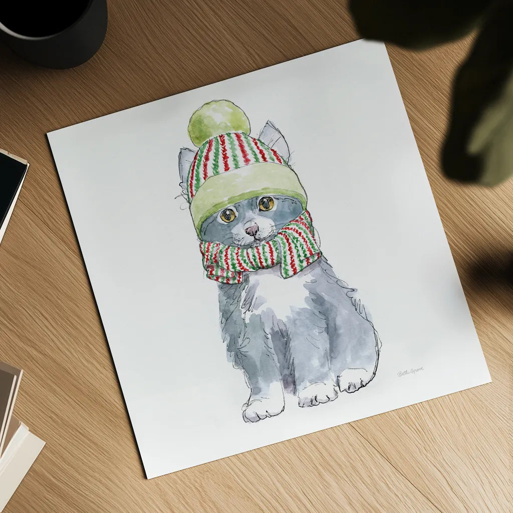 Christmas Kitties II Square by Beth Grove. Shown as a detailed flat fine art print, highlighting archival giclee quality. Available as an archival giclee rolled canvas, fine art paper, or poster print. SKU 51868a.