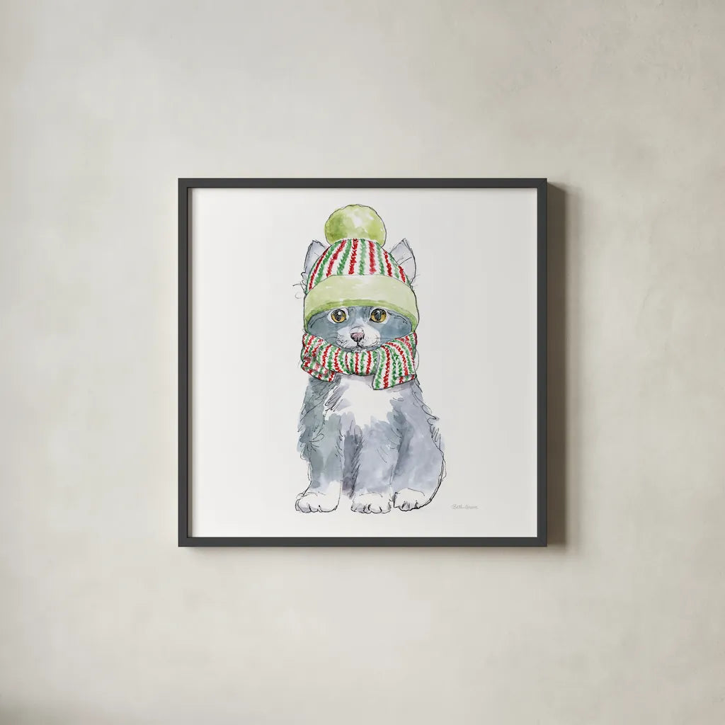 Christmas Kitties II Square by Beth Grove. Shown in a sleek black glass frame for a contemporary gallery look. Available as an archival giclee rolled canvas, fine art paper, or poster print. SKU 51868a.