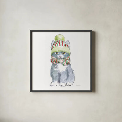 Christmas Kitties II Square by Beth Grove. Shown in a sleek black glass frame for a contemporary gallery look. Available as an archival giclee rolled canvas, fine art paper, or poster print. SKU 51868a.