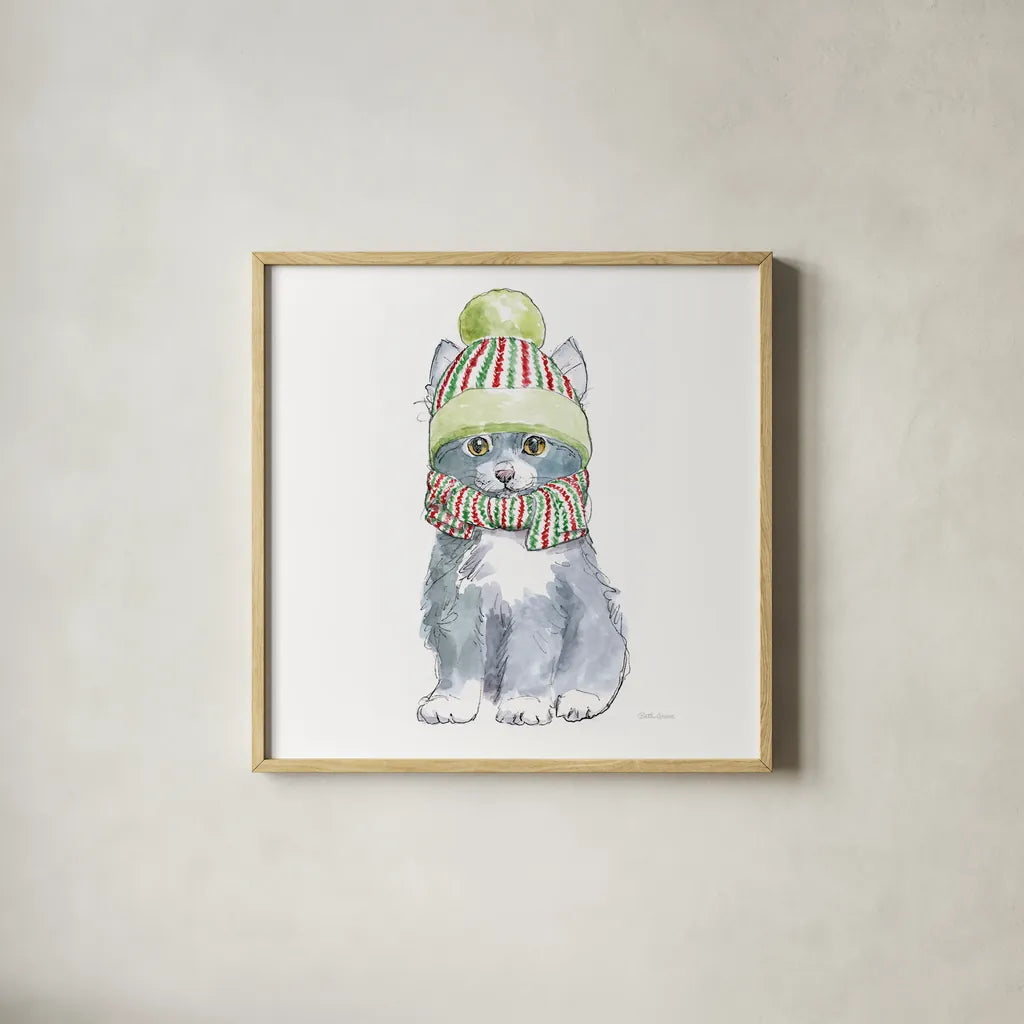Christmas Kitties II Square by Beth Grove. Shown in a natural wood glass frame for a timeless modern aesthetic. Available as an archival giclee rolled canvas, fine art paper, or poster print. SKU 51868a.