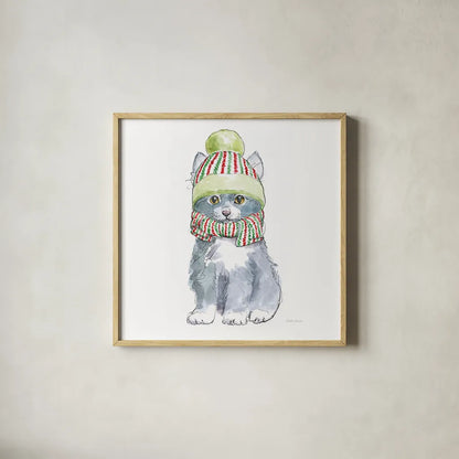 Christmas Kitties II Square by Beth Grove. Shown in a natural wood glass frame for a timeless modern aesthetic. Available as an archival giclee rolled canvas, fine art paper, or poster print. SKU 51868a.