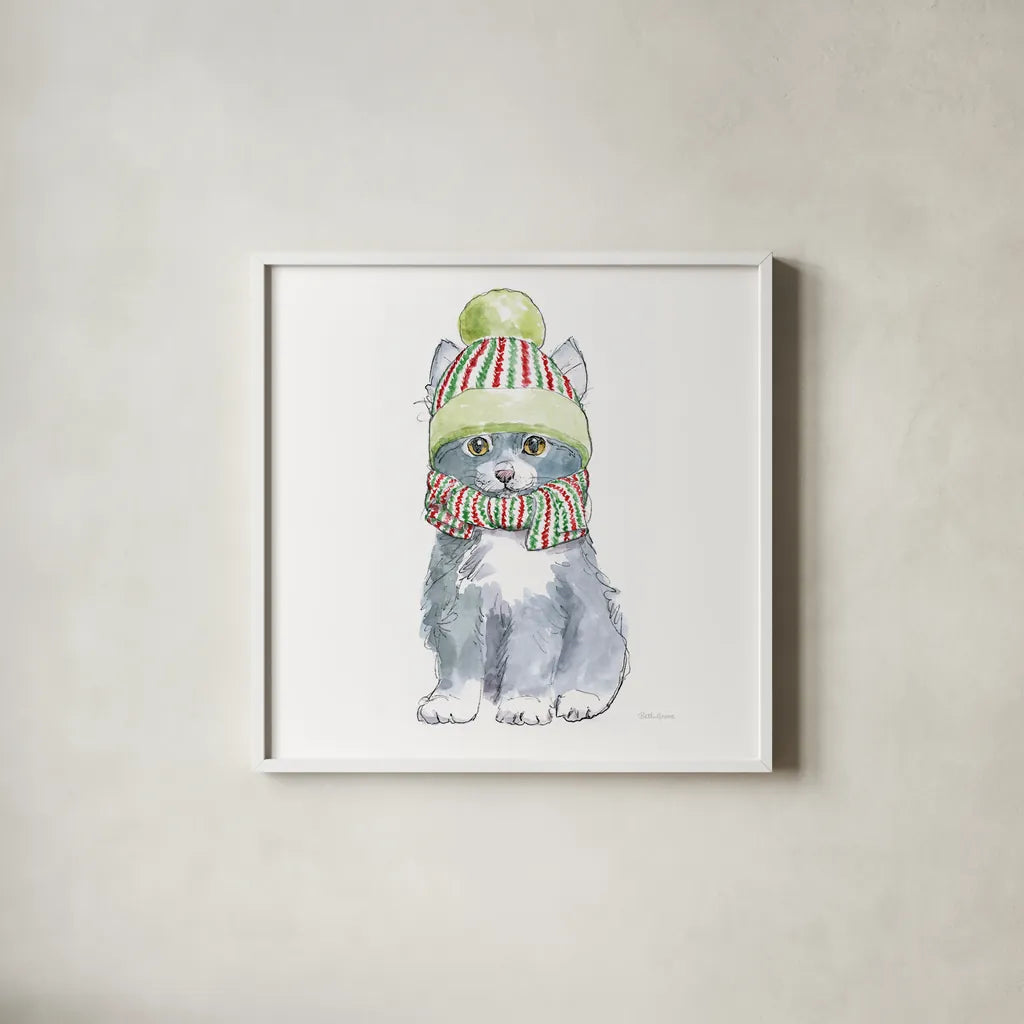 Christmas Kitties II Square by Beth Grove. Shown in a crisp white glass frame for a clean and minimalist style. Available as an archival giclee rolled canvas, fine art paper, or poster print. SKU 51868a.