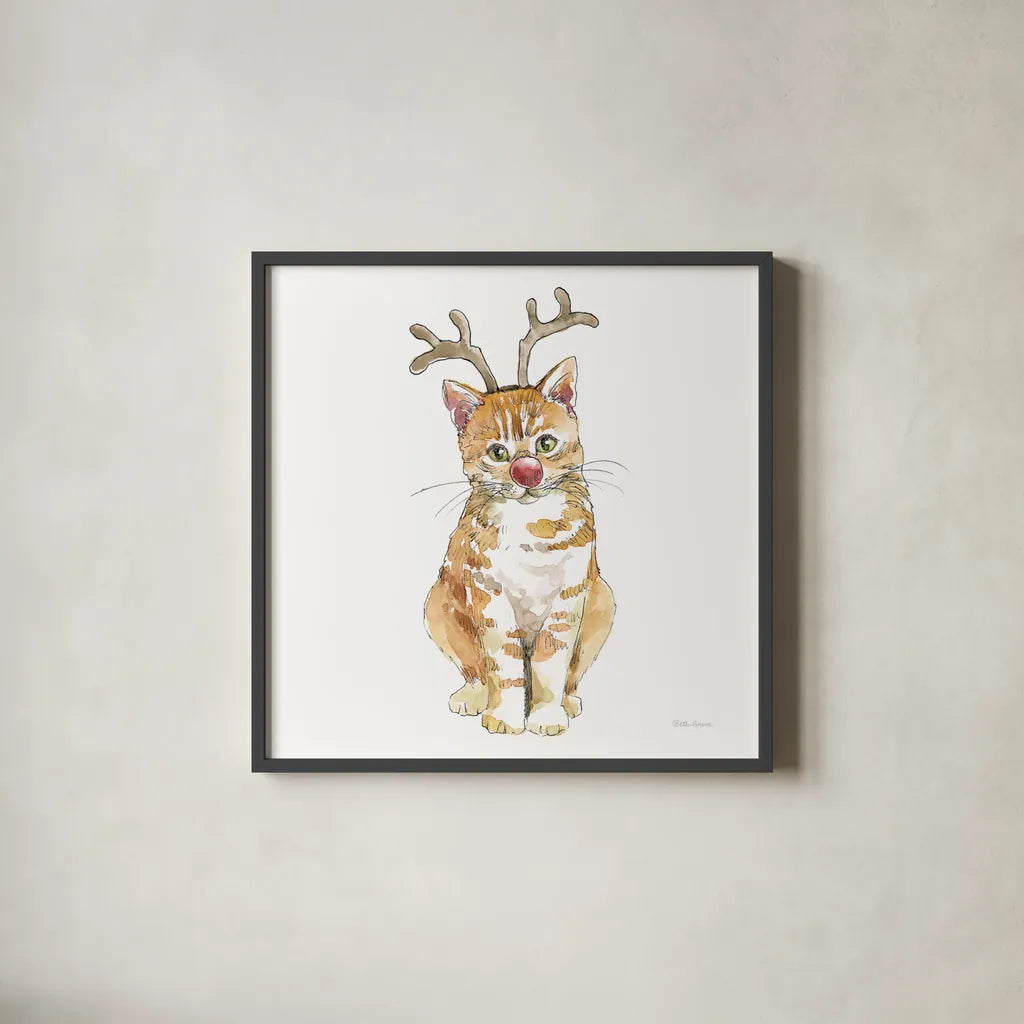Christmas Kitties III Square by Beth Grove. Shown in a sleek black glass frame for a contemporary gallery look. Available as an archival giclee rolled canvas, fine art paper, or poster print. SKU 51869a.