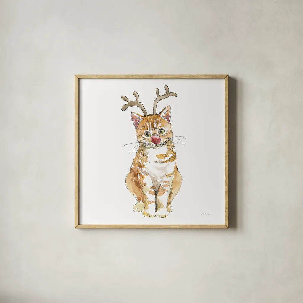 Christmas Kitties III Square by Beth Grove. Shown in a natural wood glass frame for a timeless modern aesthetic. Available as an archival giclee rolled canvas, fine art paper, or poster print. SKU 51869a.
