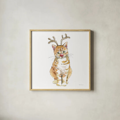 Christmas Kitties III Square by Beth Grove. Shown in a natural wood glass frame for a timeless modern aesthetic. Available as an archival giclee rolled canvas, fine art paper, or poster print. SKU 51869a.