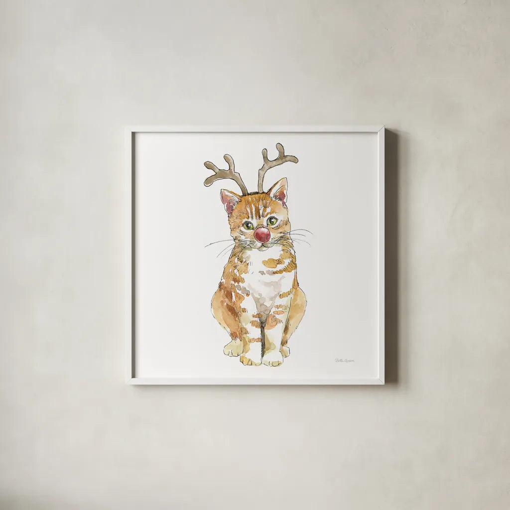Christmas Kitties III Square by Beth Grove. Shown in a crisp white glass frame for a clean and minimalist style. Available as an archival giclee rolled canvas, fine art paper, or poster print. SKU 51869a.
