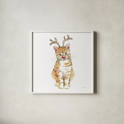 Christmas Kitties III Square by Beth Grove. Shown in a crisp white glass frame for a clean and minimalist style. Available as an archival giclee rolled canvas, fine art paper, or poster print. SKU 51869a.