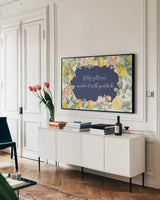 Citrus Charm I Blue by Beth Grove. shown as a framed stretched canvas in a living room above a console. Available as a archival giclee rolled canvas, fine art paper, or poster print. SKU 82538i.