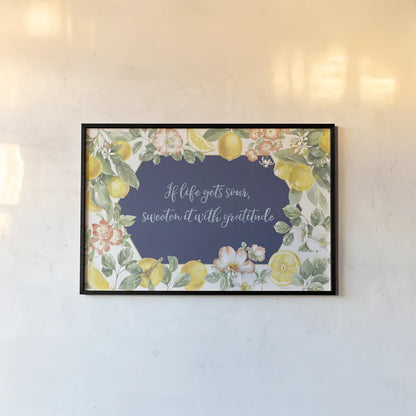 Citrus Charm I Blue by Beth Grove. shown as a paper print in a black flame. Available as a archival giclee rolled canvas, fine art paper, or poster print. SKU 82538i.