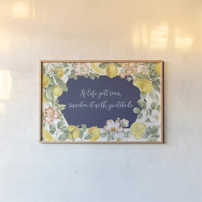 Citrus Charm I Blue by Beth Grove. shown as a paper print in a natural frame. Available as a archival giclee rolled canvas, fine art paper, or poster print. SKU 82538i.