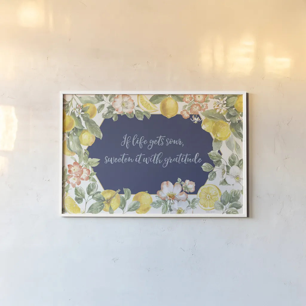 Citrus Charm I Blue by Beth Grove. shown as a paper print in a white frame. Available as a archival giclee rolled canvas, fine art paper, or poster print. SKU 82538i.