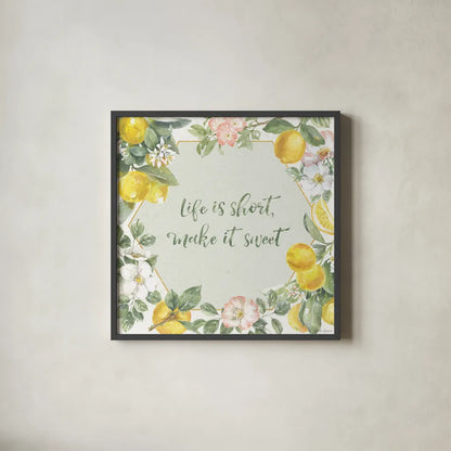 Citrus Charm II by Beth Grove. Shown in a sleek black glass frame for a contemporary gallery look. Available as an archival giclee rolled canvas, fine art paper, or poster print. SKU 65556a.