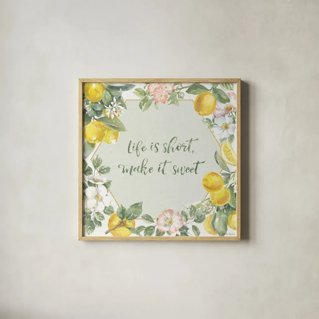 Citrus Charm II by Beth Grove. Shown in a natural wood glass frame for a timeless modern aesthetic. Available as an archival giclee rolled canvas, fine art paper, or poster print. SKU 65556a.