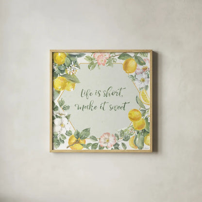 Citrus Charm II by Beth Grove. Shown in a natural wood glass frame for a timeless modern aesthetic. Available as an archival giclee rolled canvas, fine art paper, or poster print. SKU 65556a.