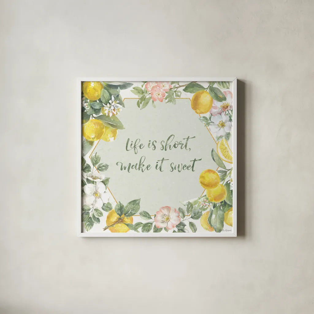 Citrus Charm II by Beth Grove. Shown in a crisp white glass frame for a clean and minimalist style. Available as an archival giclee rolled canvas, fine art paper, or poster print. SKU 65556a.