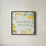 Citrus Charm III by Beth Grove. Shown in a sleek black glass frame for a contemporary gallery look. Available as an archival giclee rolled canvas, fine art paper, or poster print. SKU 65557a.