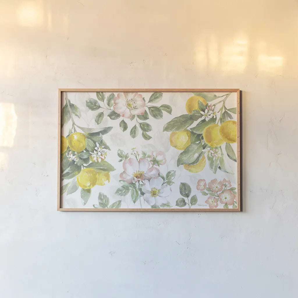 Citrus Charm IV by Beth Grove. shown as a paper print in a natural frame. Available as a archival giclee rolled canvas, fine art paper, or poster print. SKU 65558i.