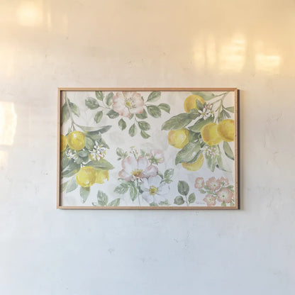 Citrus Charm IV by Beth Grove. shown as a paper print in a natural frame. Available as a archival giclee rolled canvas, fine art paper, or poster print. SKU 65558i.