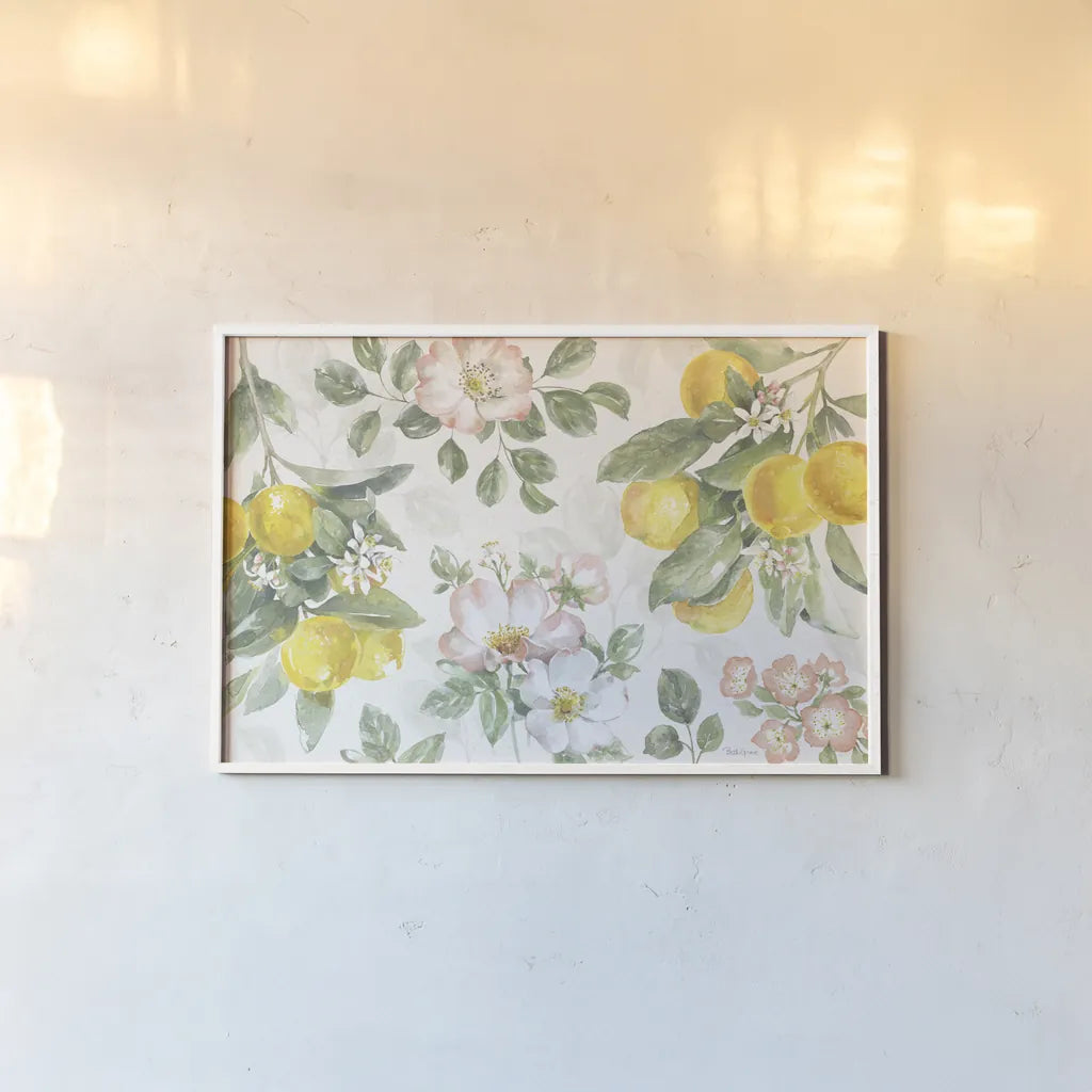 Citrus Charm IV by Beth Grove. shown as a paper print in a white frame. Available as a archival giclee rolled canvas, fine art paper, or poster print. SKU 65558i.