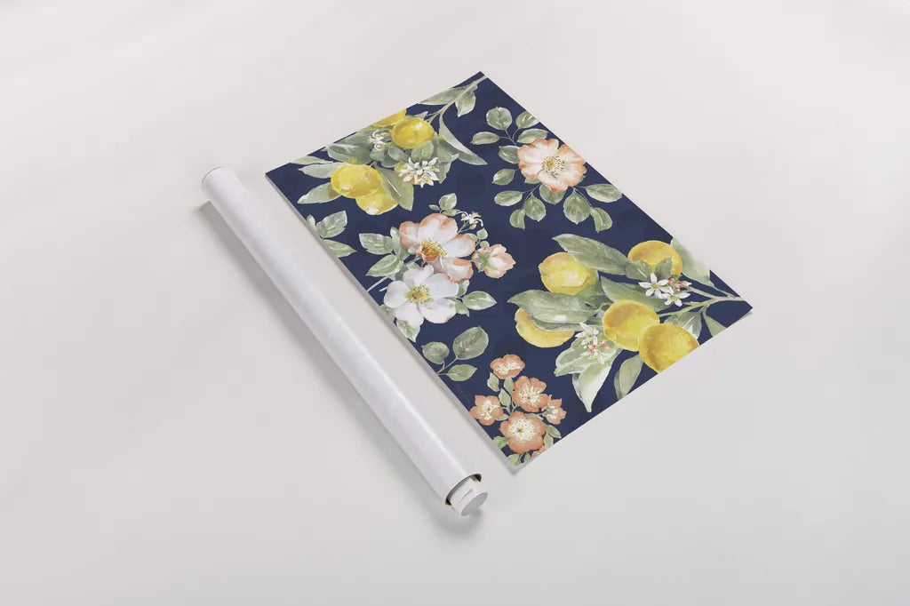 Citrus Charm IV Blue by Beth Grove. shown as a rolled paper print. Available as archival giclee rolled canvas, fine art paper, or poster print. SKU 82539i.