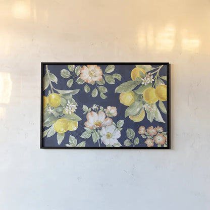 Citrus Charm IV Blue by Beth Grove. shown as a paper print in a black flame. Available as a archival giclee rolled canvas, fine art paper, or poster print. SKU 82539i.