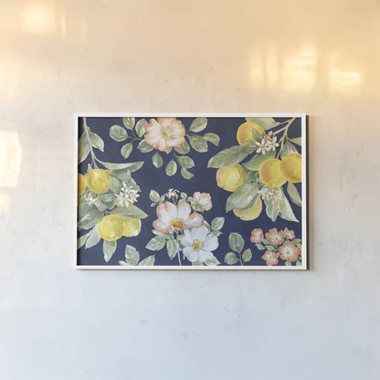 Citrus Charm IV Blue by Beth Grove. shown as a paper print in a white frame. Available as a archival giclee rolled canvas, fine art paper, or poster print. SKU 82539i.