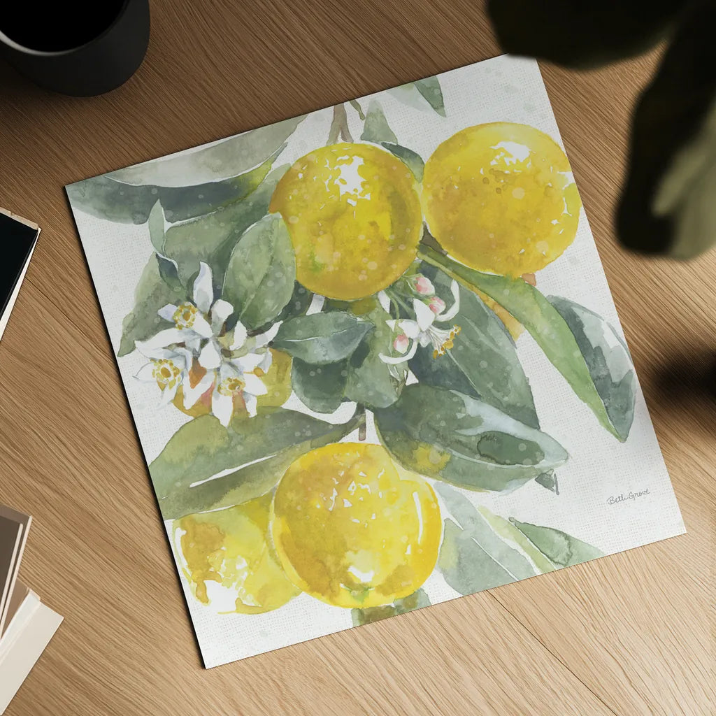 Citrus Charm Lemons I by Beth Grove. Shown as a detailed flat fine art print, highlighting archival giclee quality. Available as an archival giclee rolled canvas, fine art paper, or poster print. SKU 66092a.