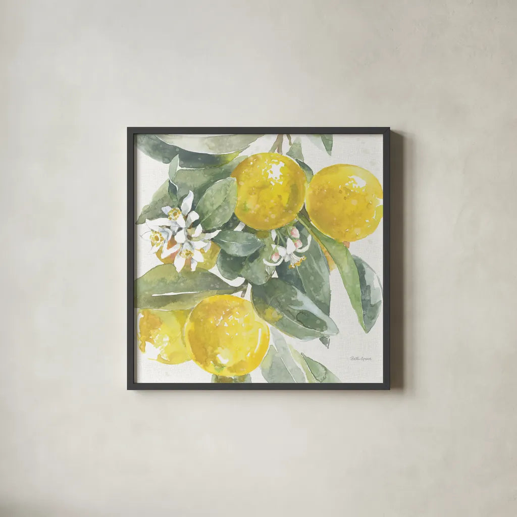 Citrus Charm Lemons I by Beth Grove. Shown in a sleek black glass frame for a contemporary gallery look. Available as an archival giclee rolled canvas, fine art paper, or poster print. SKU 66092a.