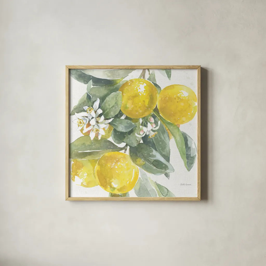Citrus Charm Lemons I by Beth Grove. Shown in a natural wood glass frame for a timeless modern aesthetic. Available as an archival giclee rolled canvas, fine art paper, or poster print. SKU 66092a.